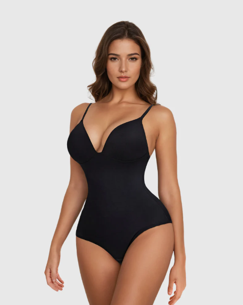 Deep V-Neck Bodysuit with Built in Bra